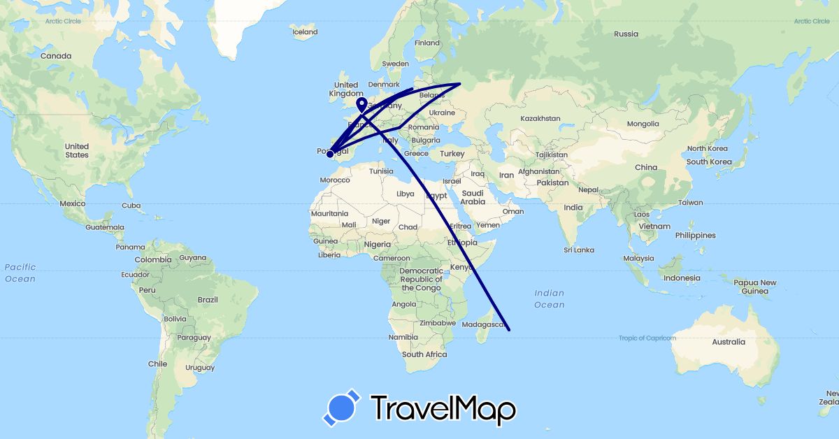 TravelMap itinerary: driving in Spain, France, Croatia, Poland, Portugal, Russia (Europe)